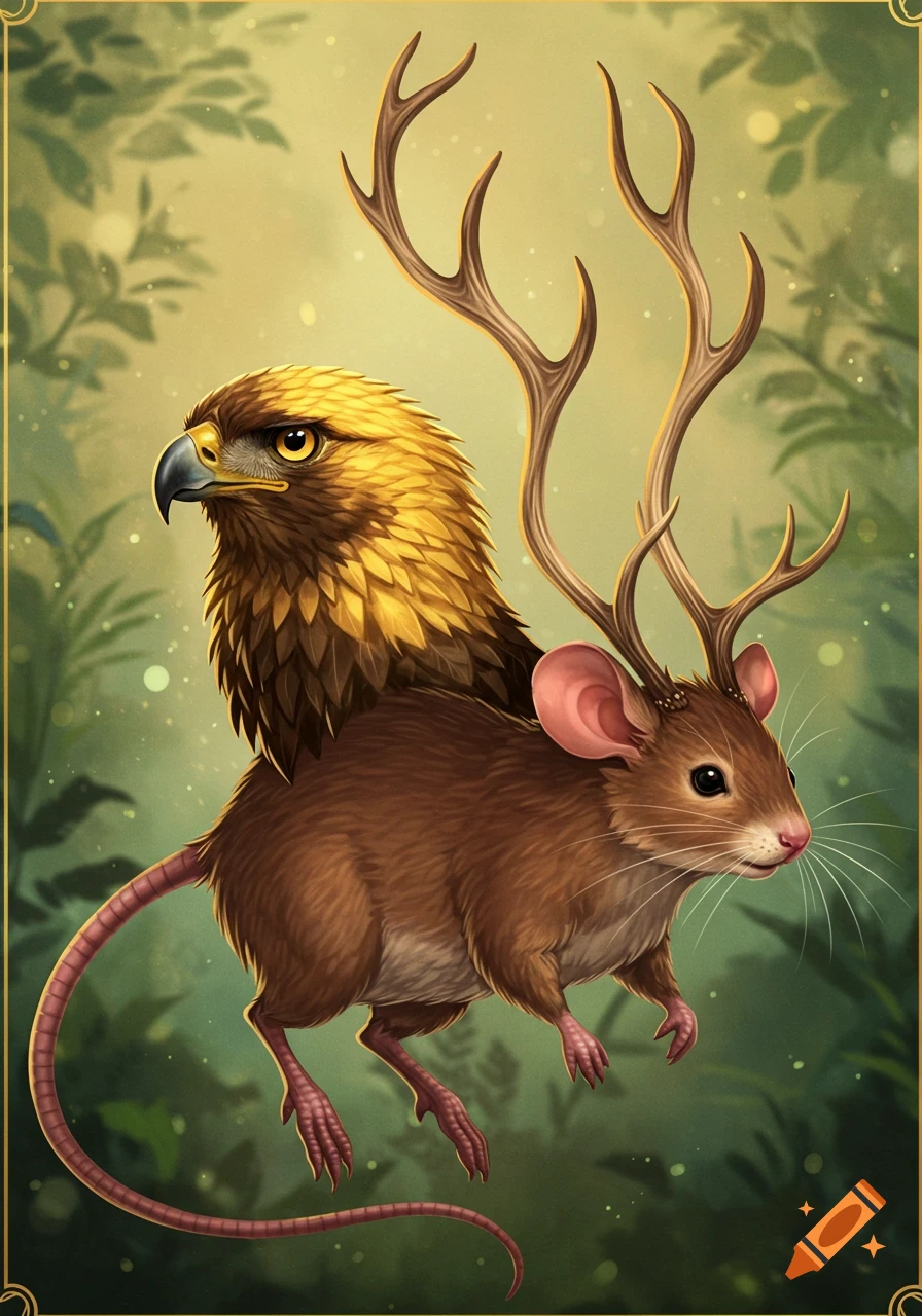 Chimera with eagle head, mouse body, and deer antlers on Craiyon