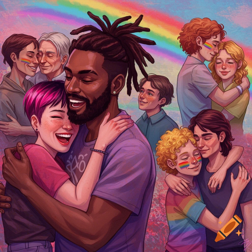 Diverse couples and people embracing under a rainbow sky, in a vibrant style.