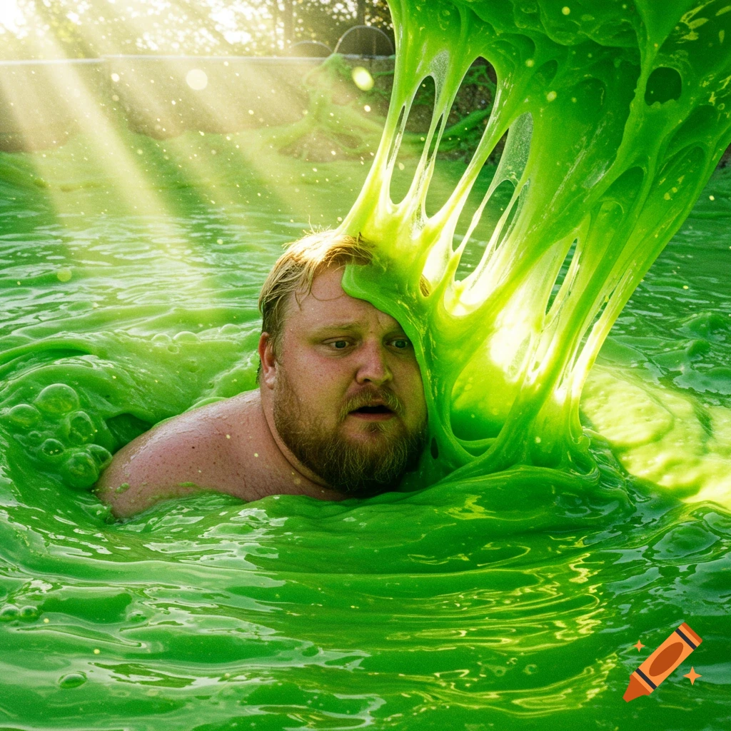 A man is covered in bright green slime in a pit.