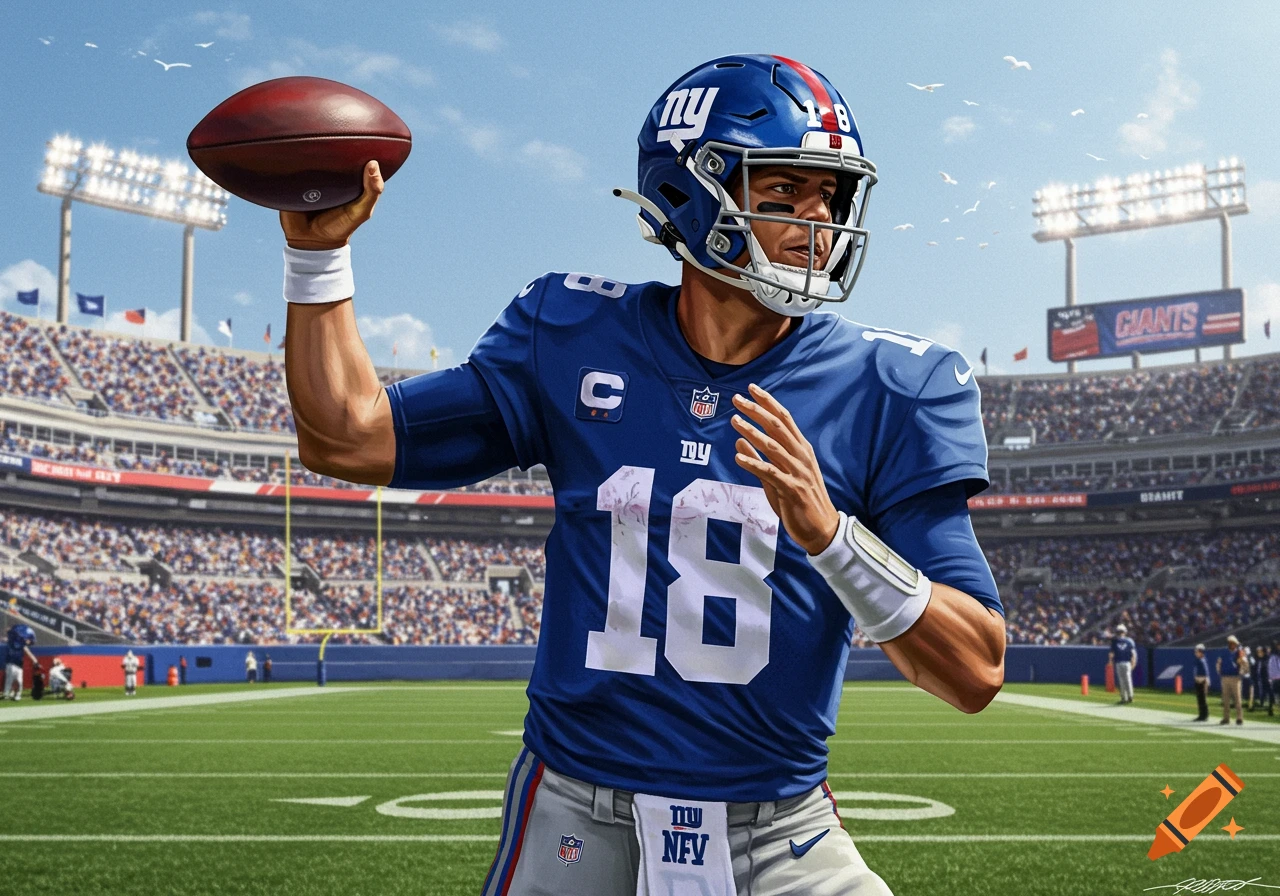 Football player in a Giants uniform throwing a football in a stadium.