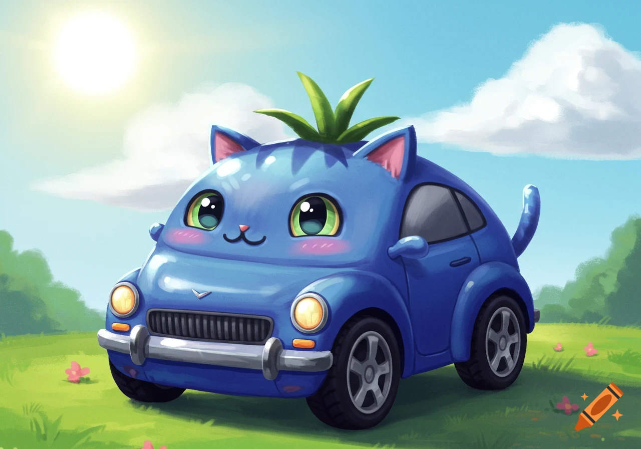 A cute blue cartoon car resembling a cat with ears and tail sits in a grassy field under a sunny sky.