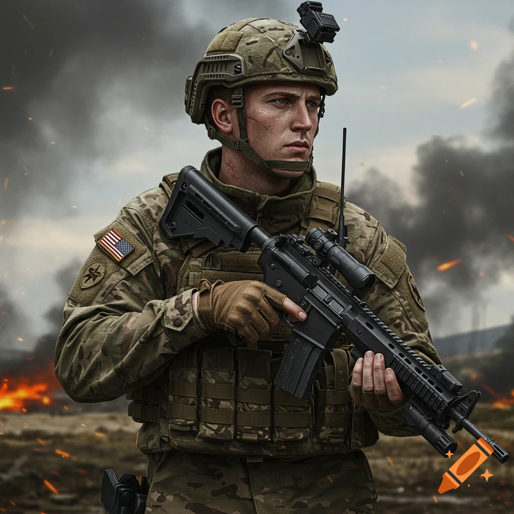 A soldier in camouflage holds a rifle in a smoky battlefield.