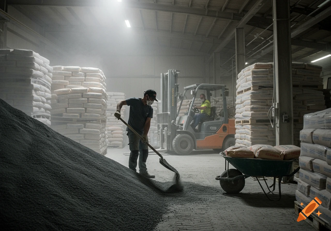 Two men working in a dusty warehouse, one shoveling material and another on a forklift, among stacks of bags.