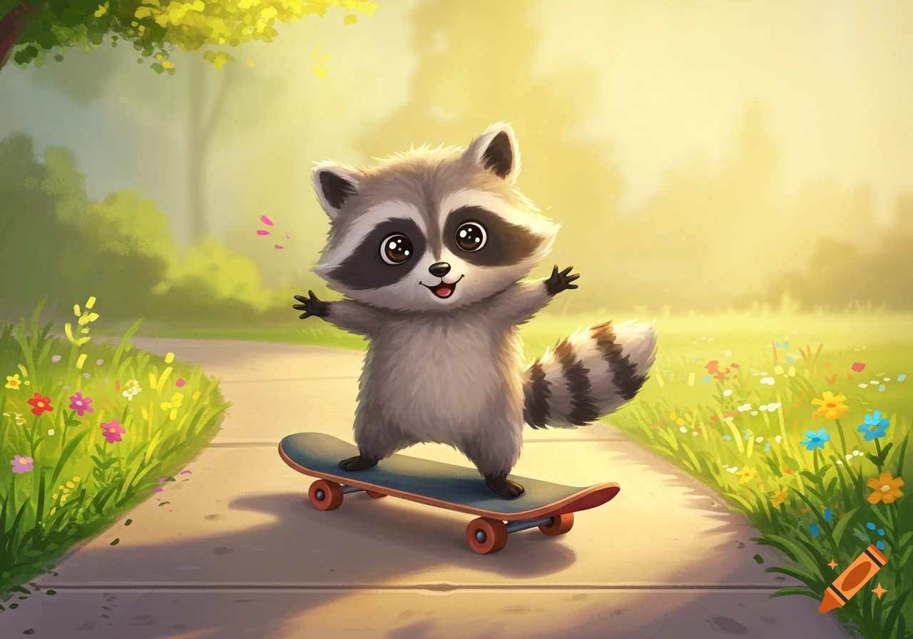 A cute cartoon racoon rides a skateboard on a sunny path with flowers