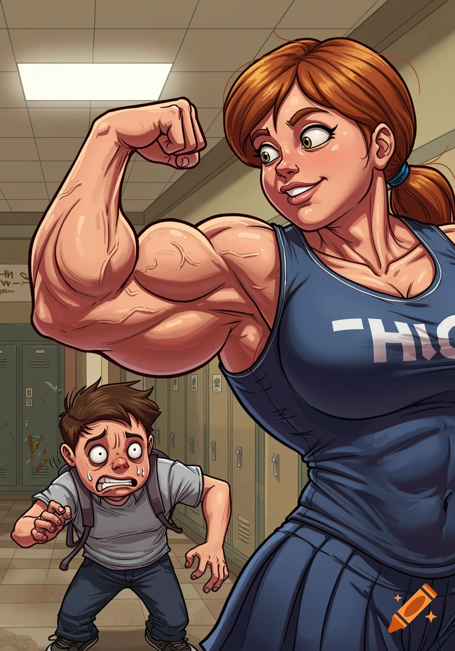 Muscular girl flexing bicep intimidating scared boy in school hallway, comic book style.