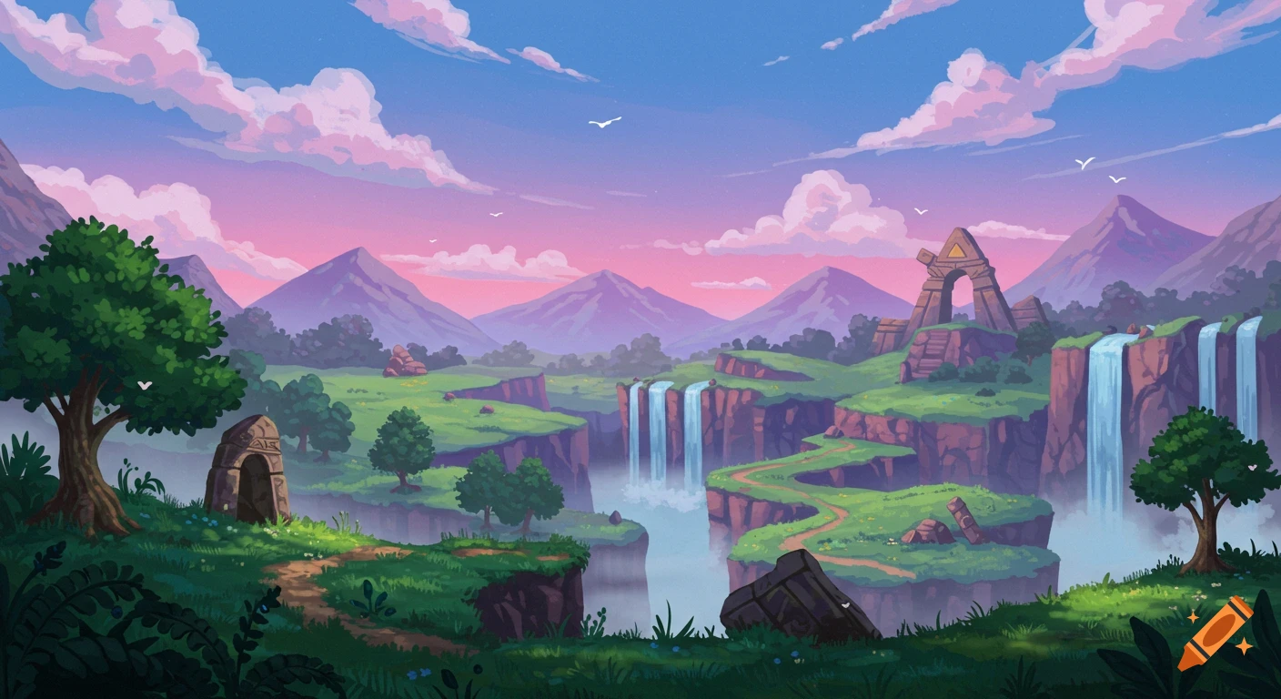 Digital painting of a vibrant fantasy landscape with waterfalls, mountains, ruins, and a colorful sky.