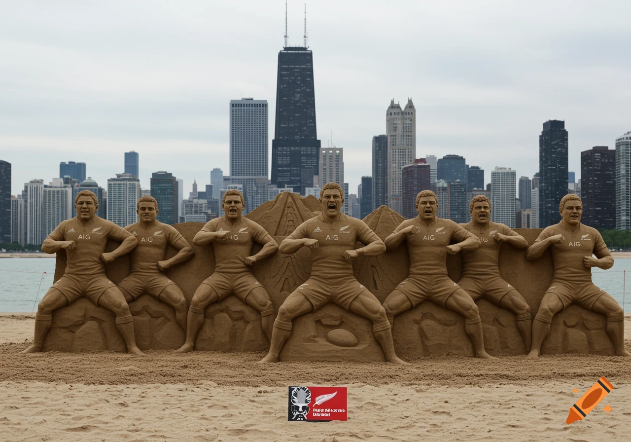 Sand sculptures of rugby players doing the Haka on a beach with a city skyline in the background.
