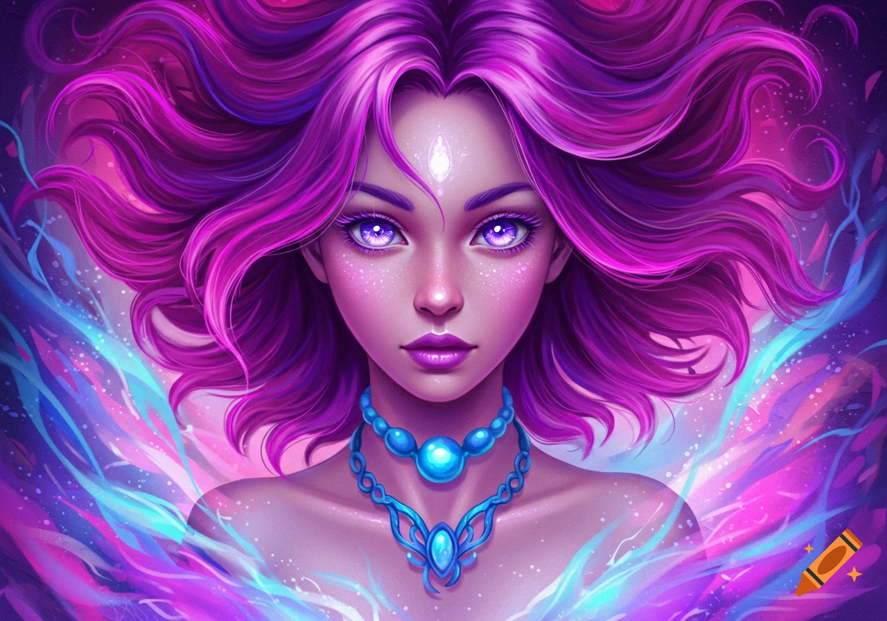 A fantasy girl with purple hair and a blue necklace is surrounded by colorful energy.