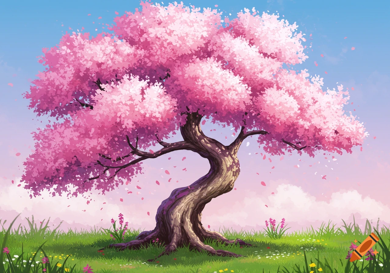 An illustration of a vibrant pink Japanese cherry blossom tree with a curved trunk in a grassy field under a blue and pink sky, with petals falling.