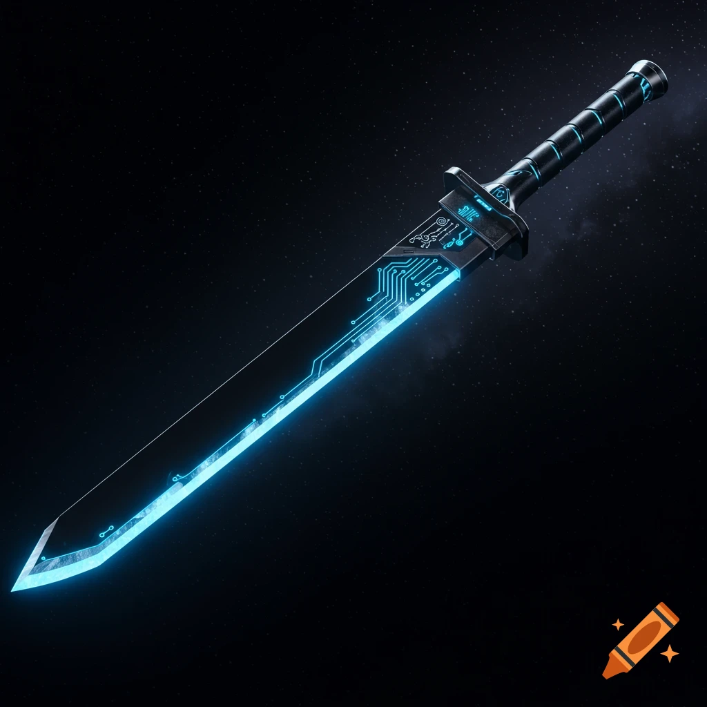 A futuristic black sword with glowing blue circuit patterns on a dark background.
