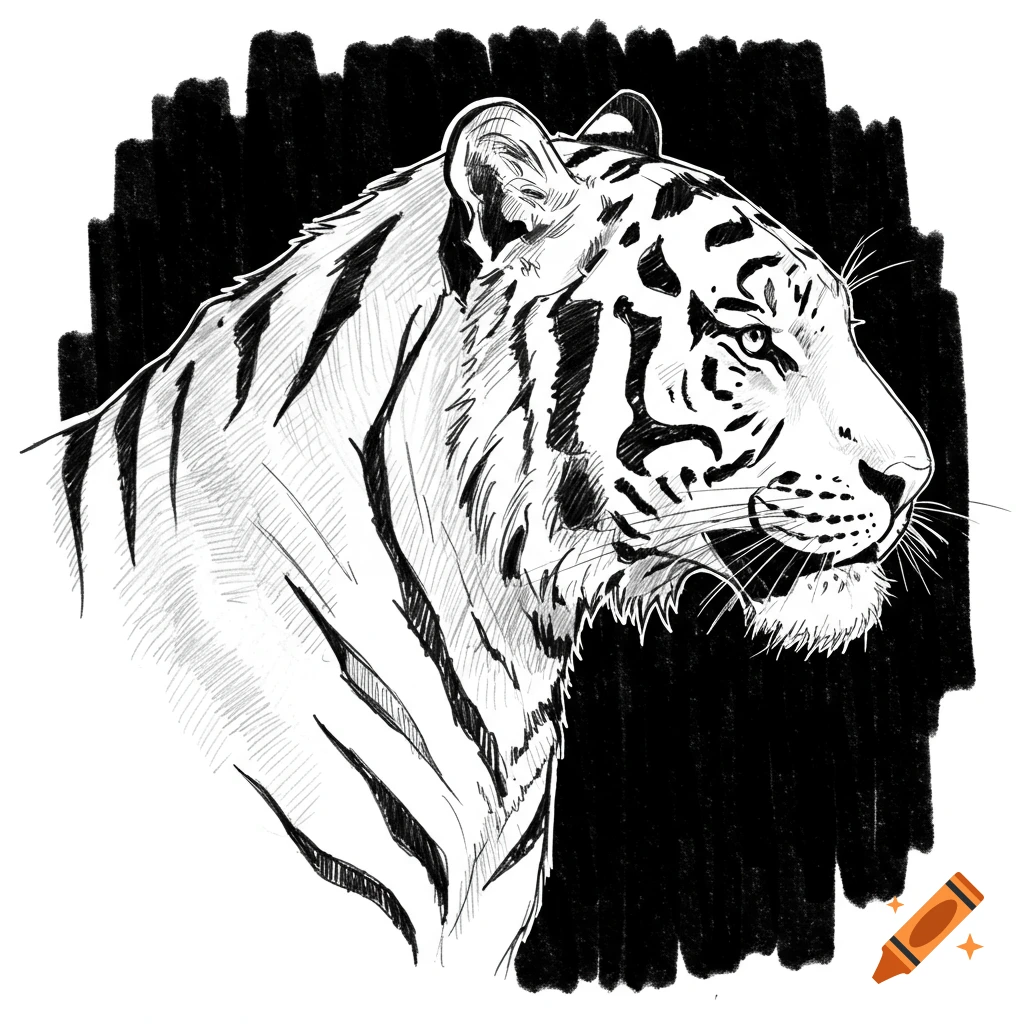Black and white sketch of a tiger's head and shoulders against a black background.