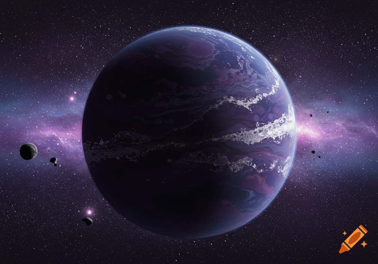 A dark purple planet with shimmering silver bands orbits in space near a purple nebula.