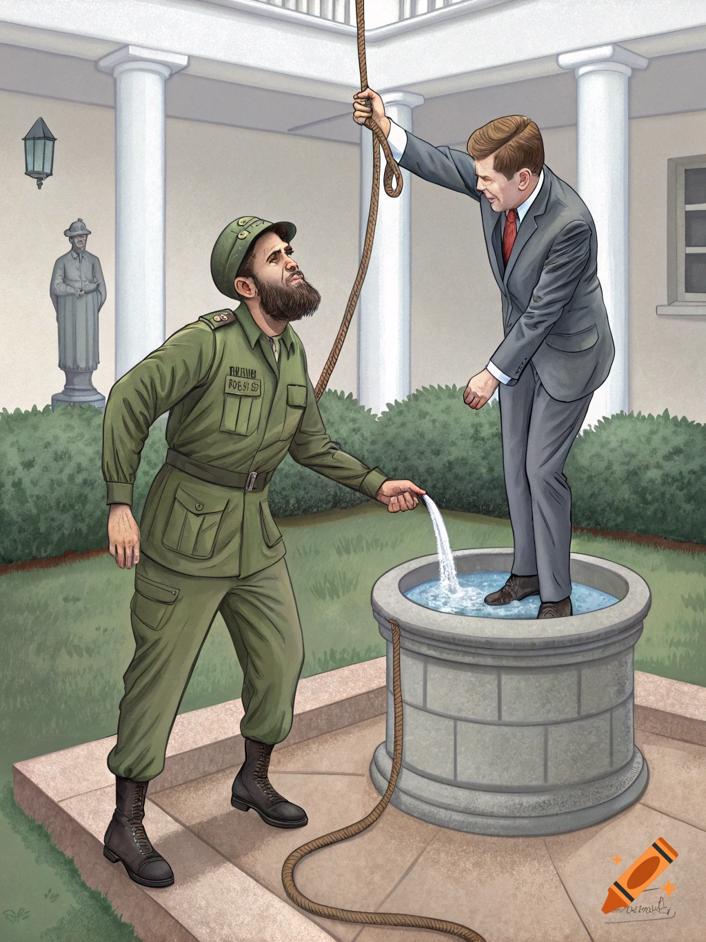 Illustration of Fidel Castro in uniform being dunked in a well by JFK in a suit