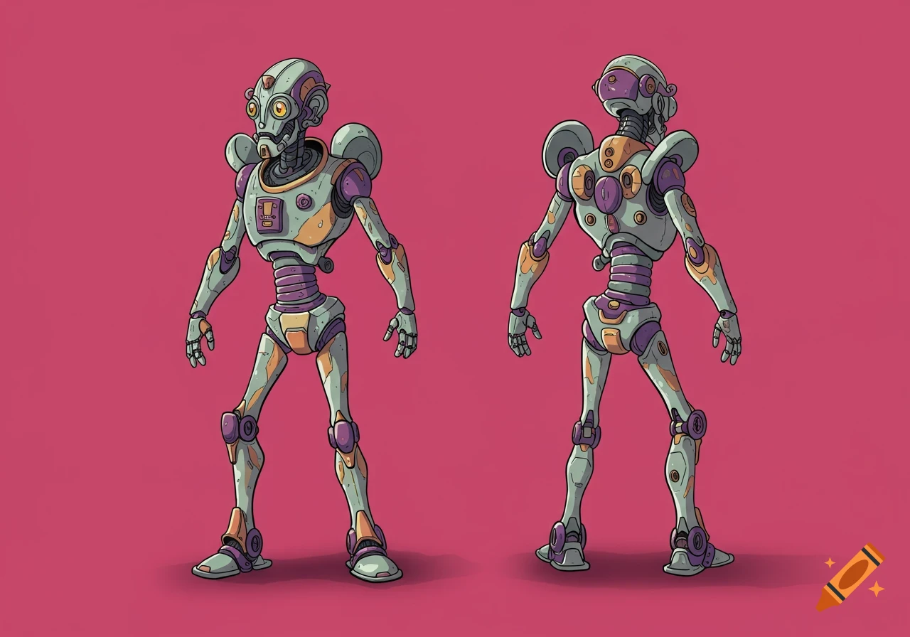 Illustration of a crazy robot, front and back views, with long legs and arms, short neck, big head, purple, orange, and grey segments.