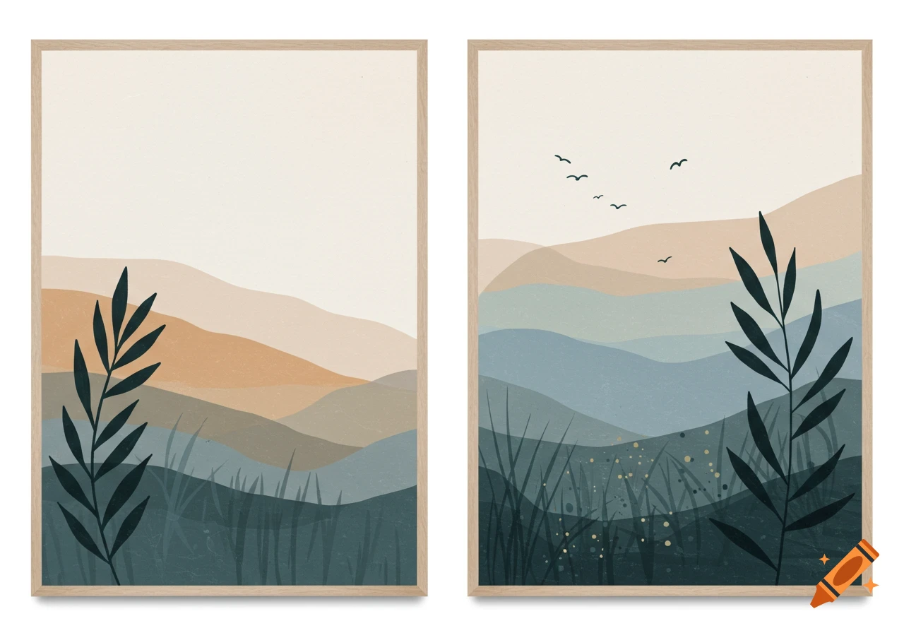 Modern abstract diptych of layered landscapes with plants and birds