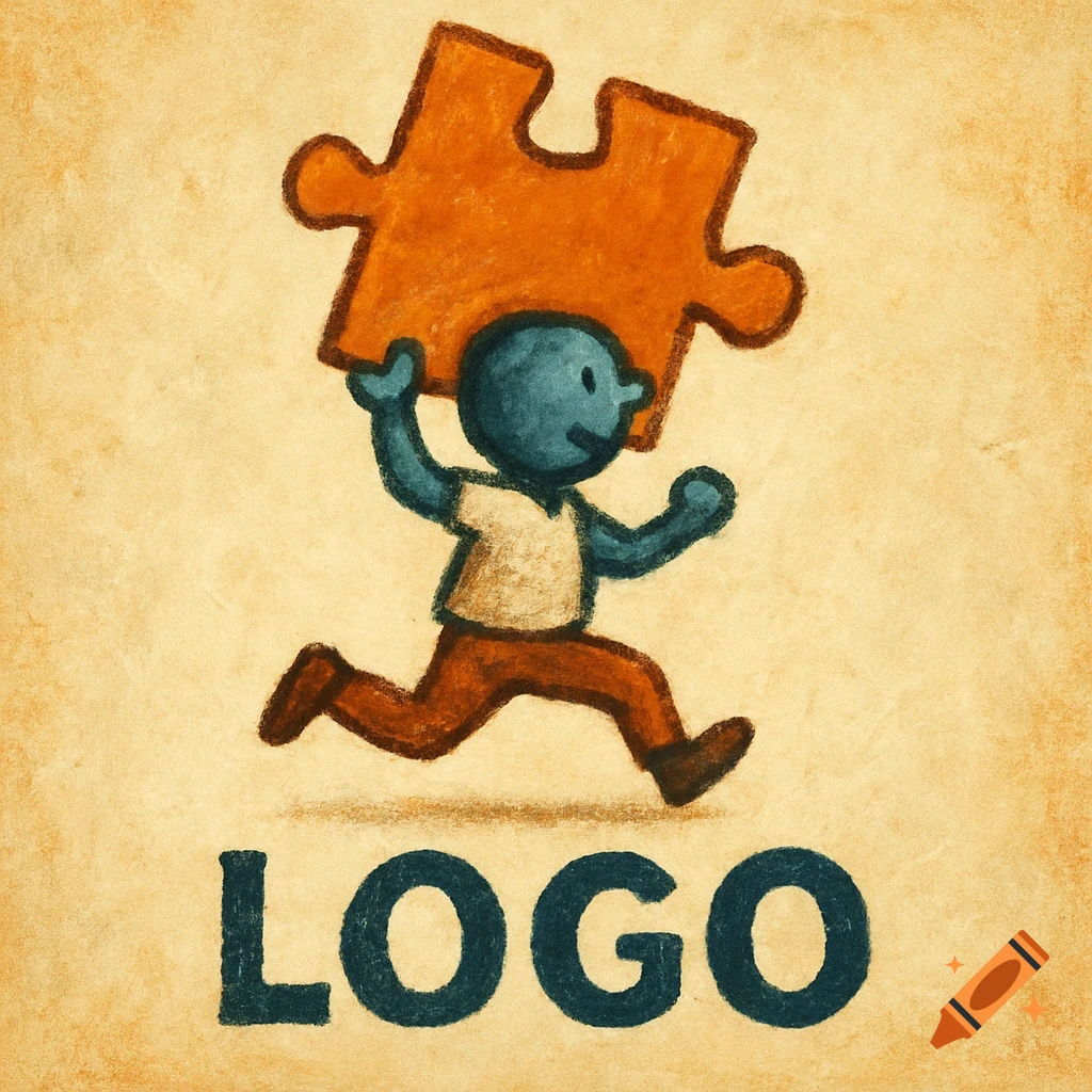 A small blue figure is shown running and holding a large orange puzzle piece above its head. The word LOGO is below.
