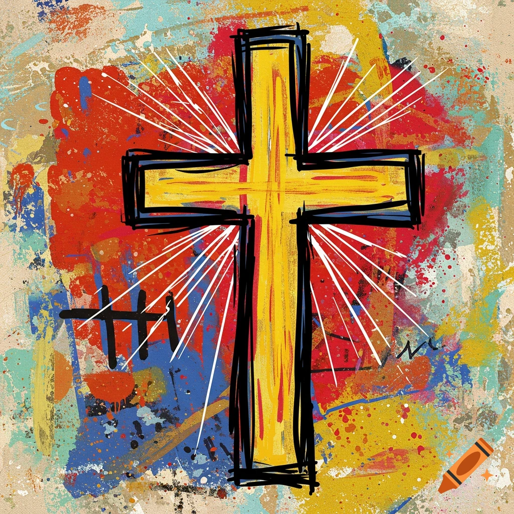 Abstract painting of a yellow Christian cross with white rays against a colorful background with splatters and scribbles.