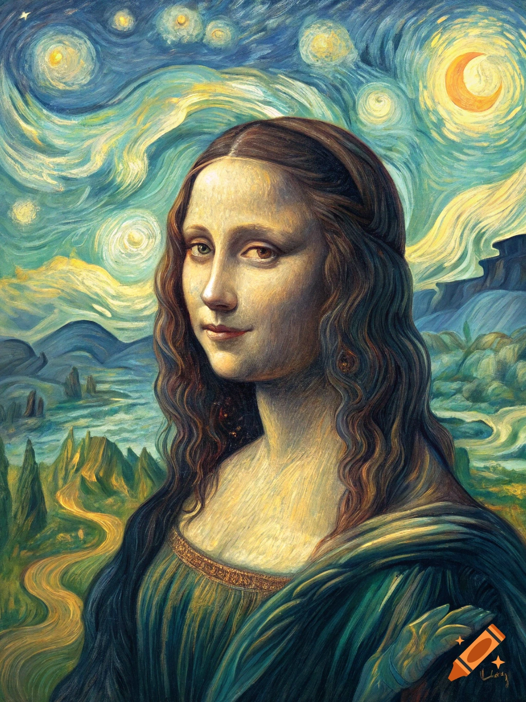 Mona Lisa portrait painted in the style of Van Gogh's Starry Night.