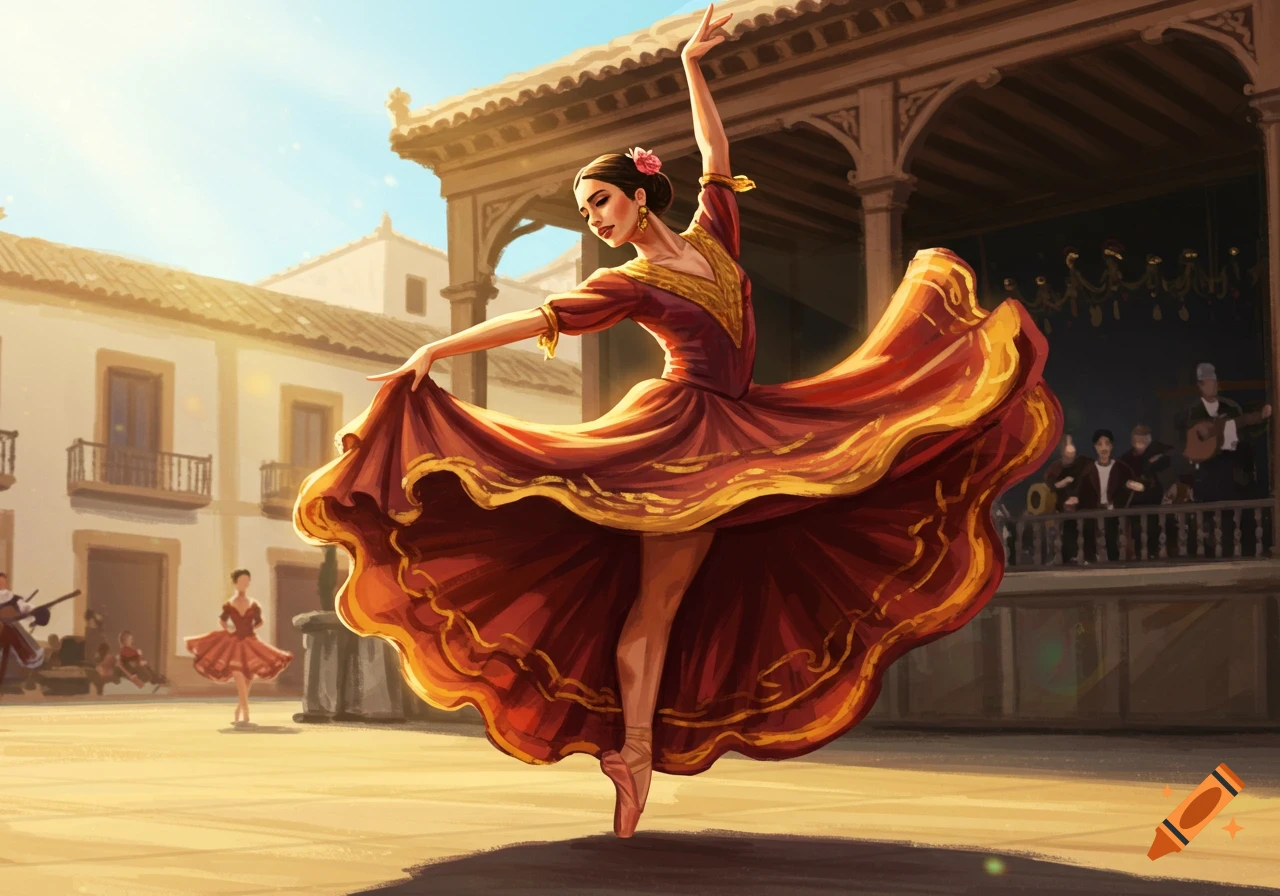 Dancer in a red and gold dress performs outdoors in a plaza with buildings and musicians in the background, painterly style.