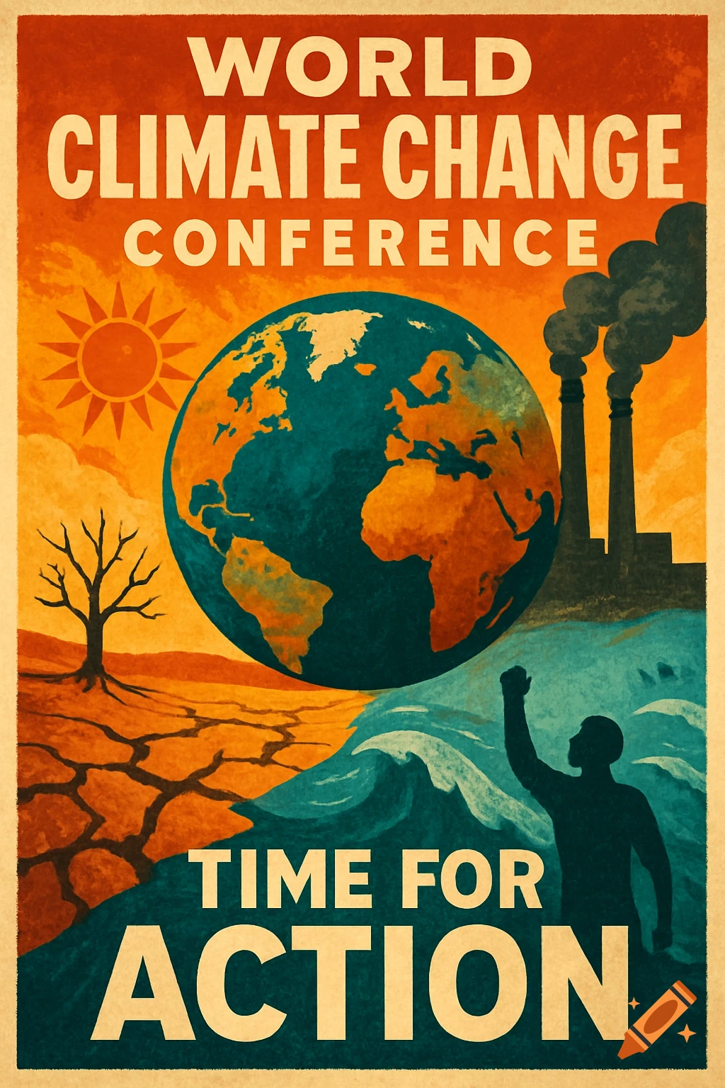 Vintage style poster with text 'WORLD CLIMATE CHANGE CONFERENCE TIME FOR ACTION', depicting Earth, drought, flood, factory smokestacks, and a person raising a fist.