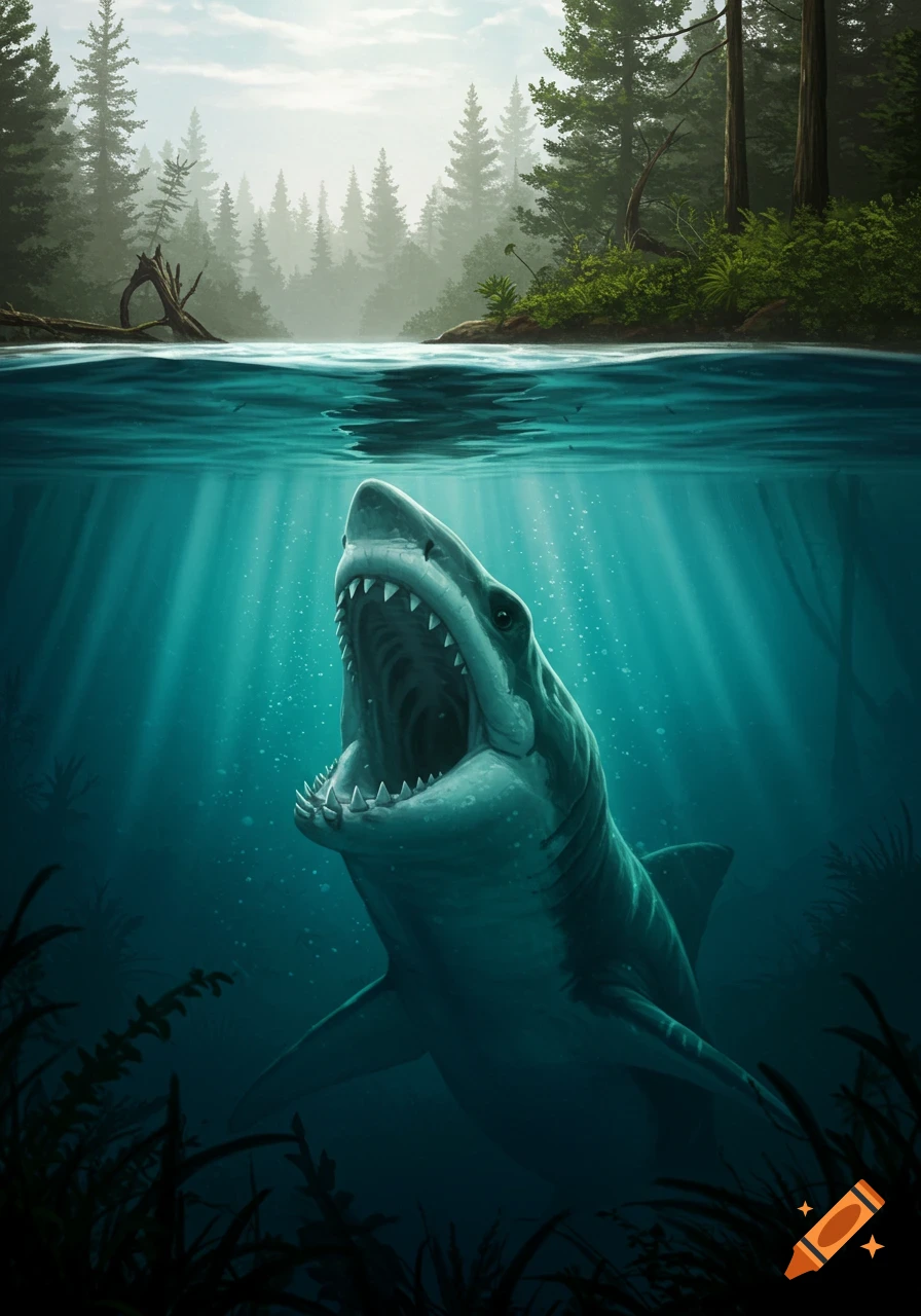 A large megalodon shark with its mouth open swims underwater with sunlight rays shining down from the surface showing trees and land above.