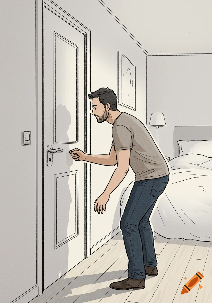 An illustration of a man reaching for a bedroom door handle.