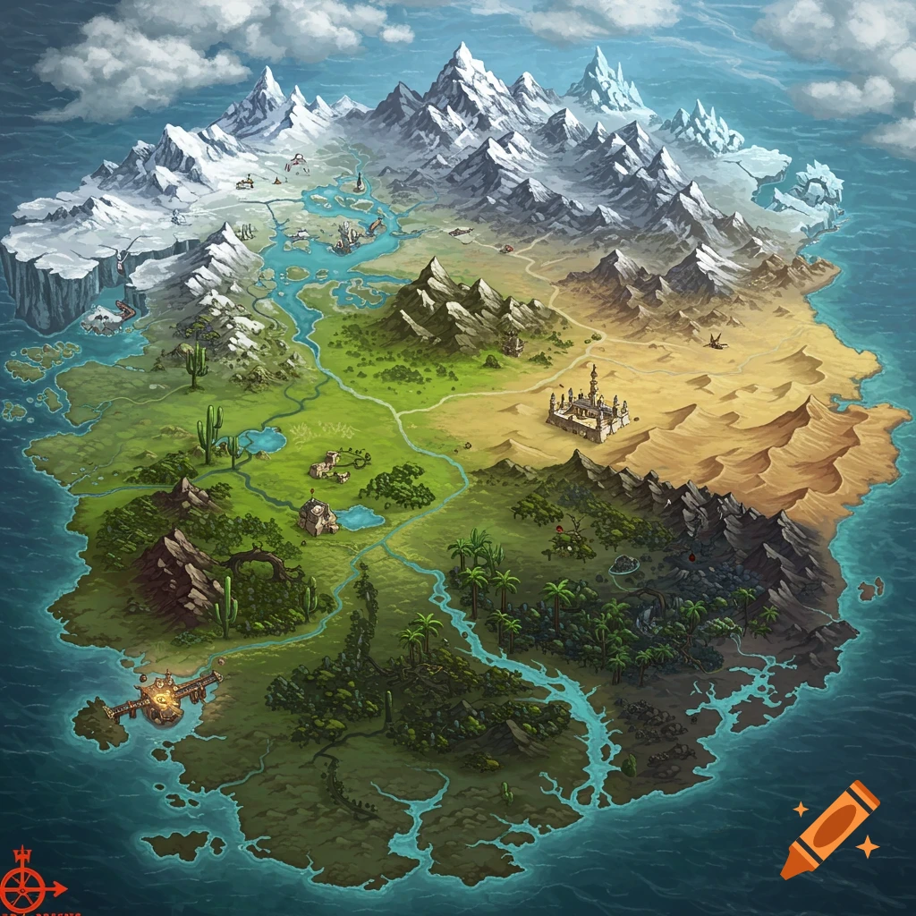 An isometric fantasy map illustrating diverse biomes including snow, mountains, plains, desert, jungle, rivers, and ocean.