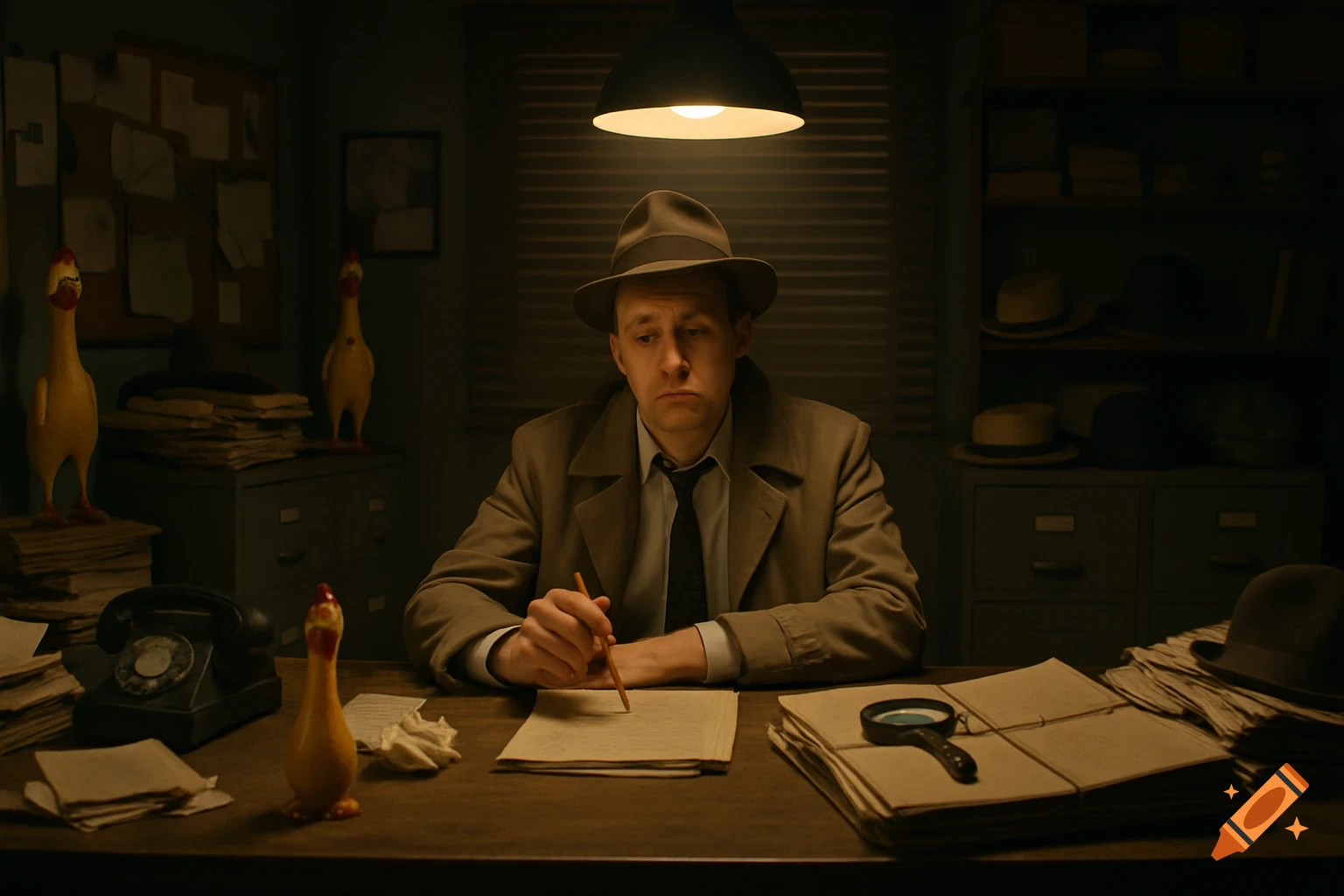 A detective in a trench coat and hat sits at a cluttered office desk with papers, a magnifying glass, and rubber chickens, illuminated by an overhead lamp.