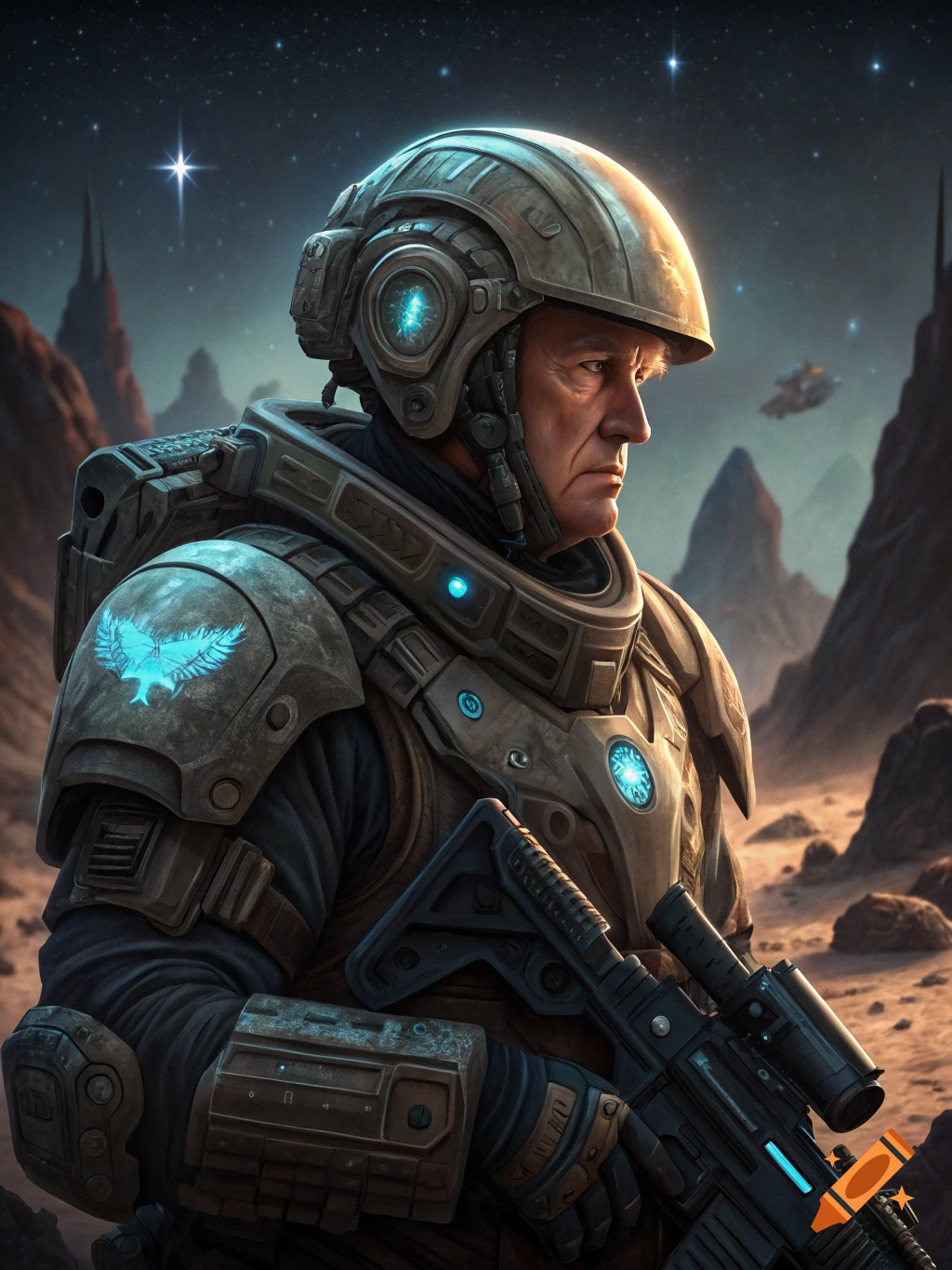 Portrait of a person in detailed sci-fi space marine armor holding a rifle on a rocky alien planet under a starry night sky.