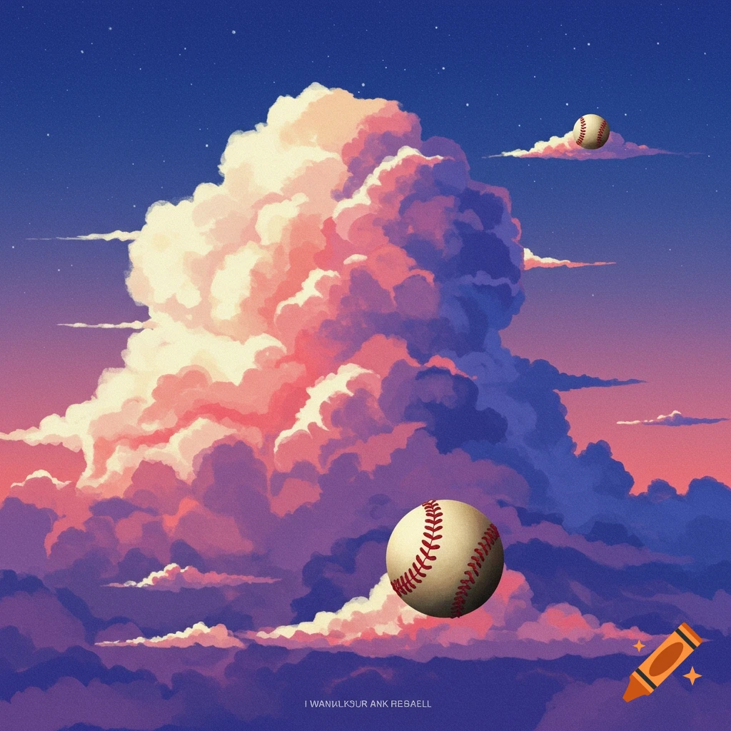 Two baseballs floating among pink and purple clouds at sunset.