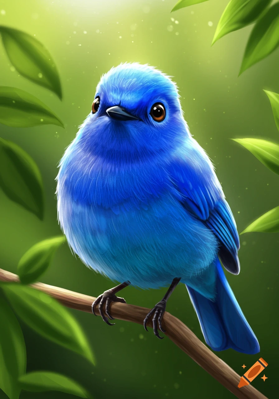 A fluffy blue bird sits on a branch surrounded by green leaves.