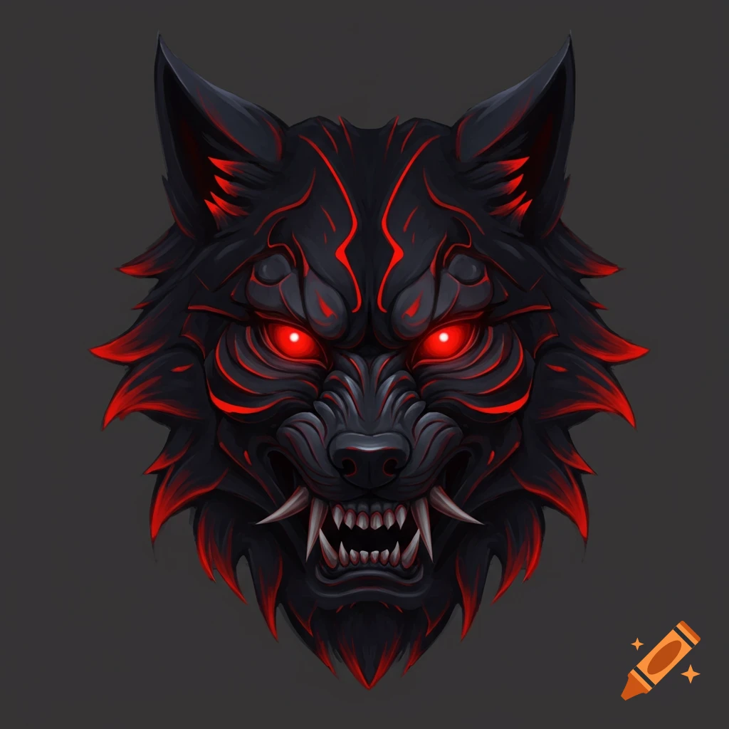 Stylized black wolf mask with glowing red eyes and tribal markings, digital illustration.
