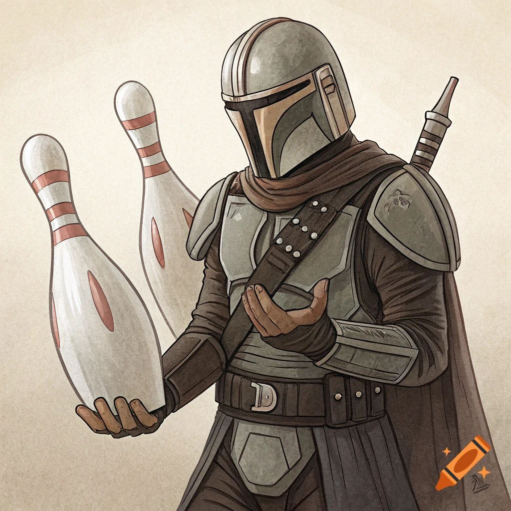 Illustration of The Mandalorian holding two bowling pins.