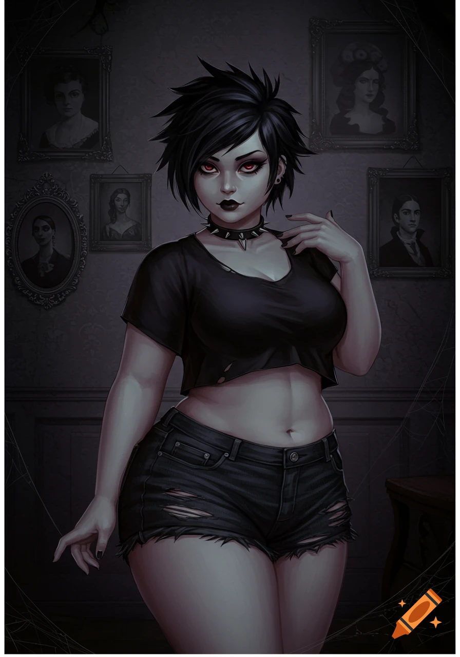 Goth girl with short black hair, crop top, and short shorts standing in a dark room with portraits.