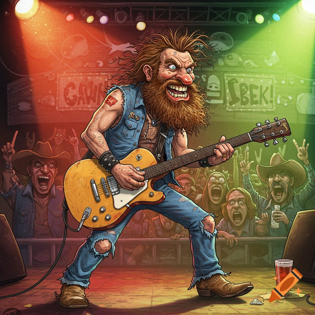 Cartoon illustration of a hillbilly rockstar playing guitar on stage for a cheering crowd.