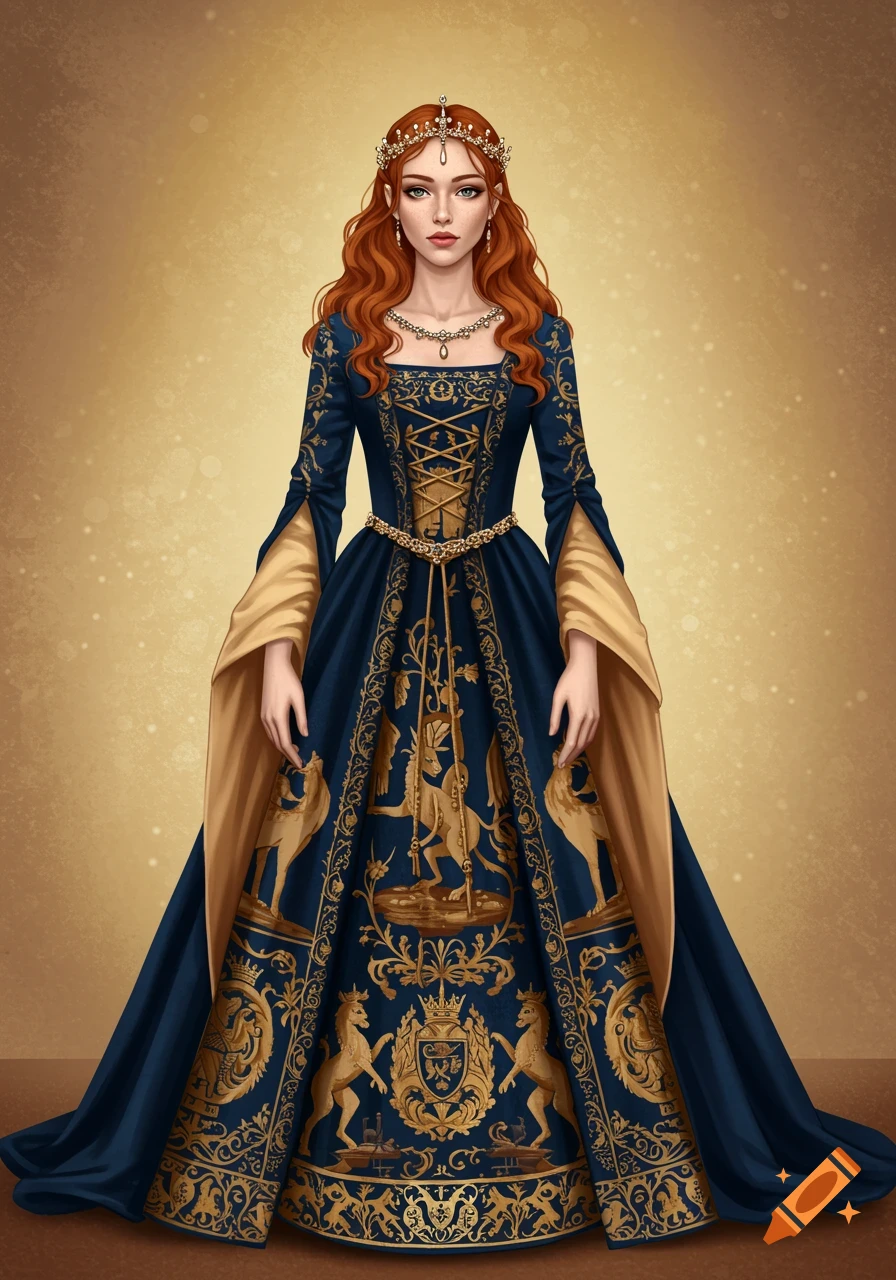 A woman with red hair and tiara wearing a blue medieval gown with gold embroidery.