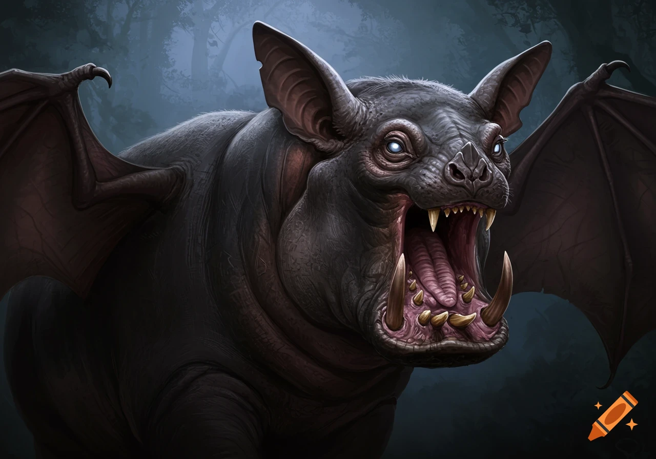A bat-hippo hybrid creature with fangs and large ears against a dark background