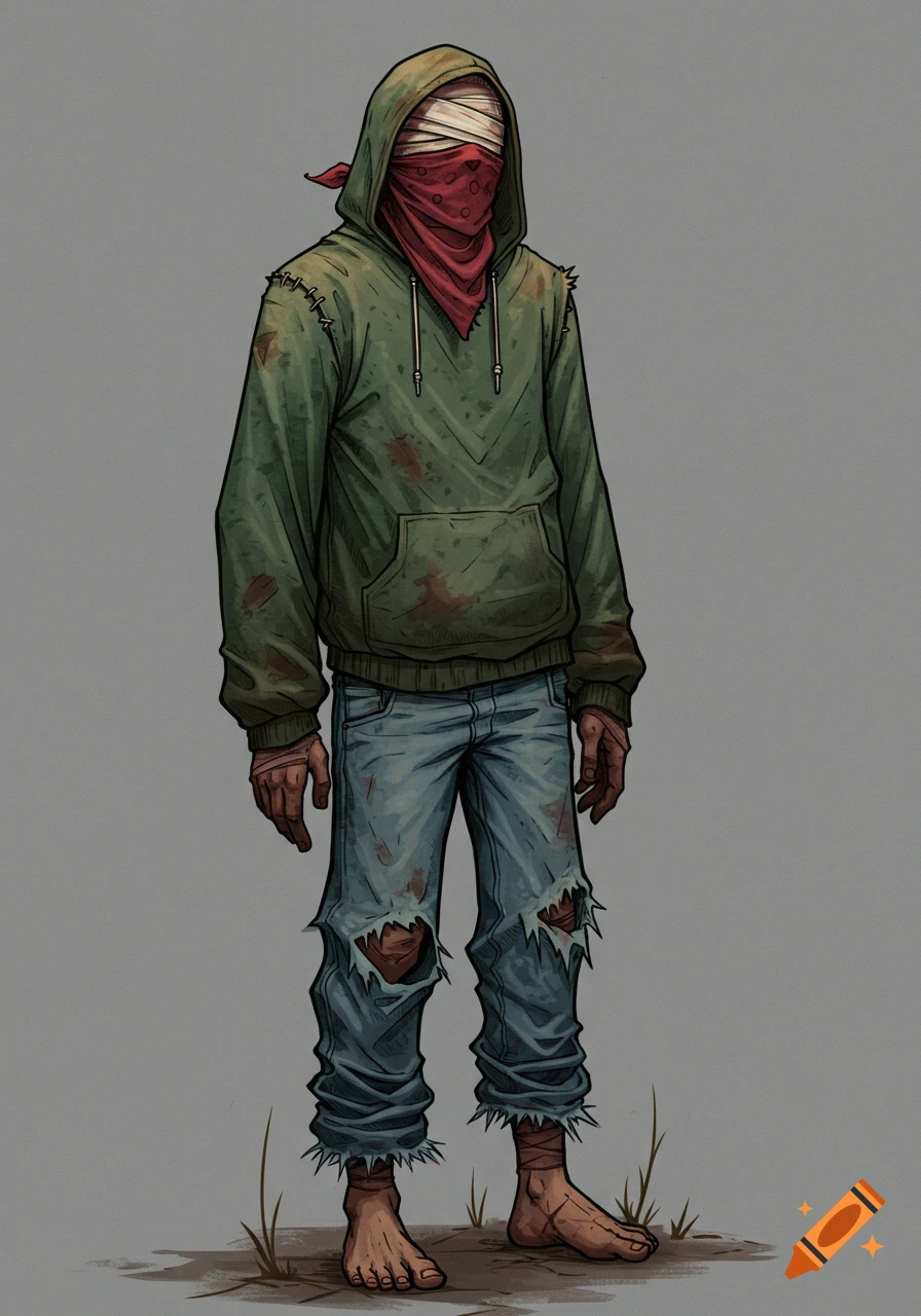 Full body illustration of a character with bandaged eyes, red bandana, green hoodie, ripped jeans, and bare feet.