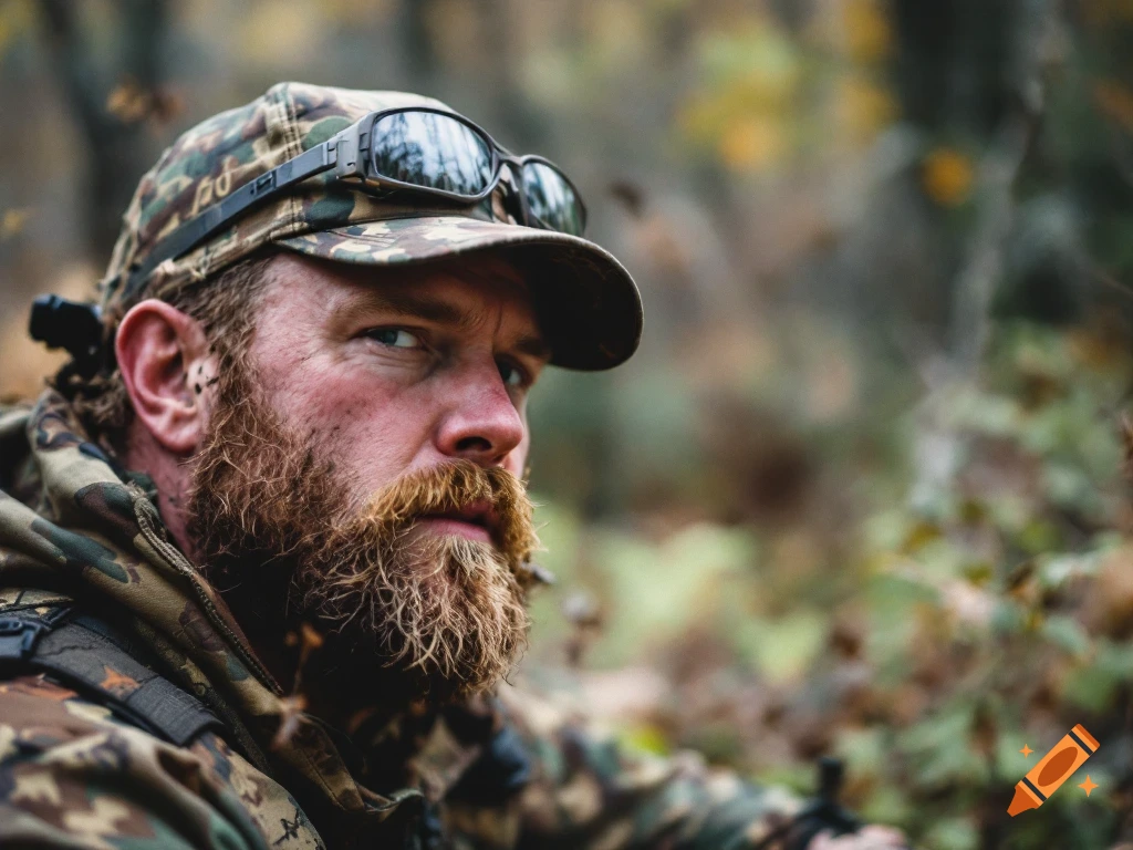 Close-up photo of a man with a beard wearing a camouflage hat and sunglasses in a forest.
