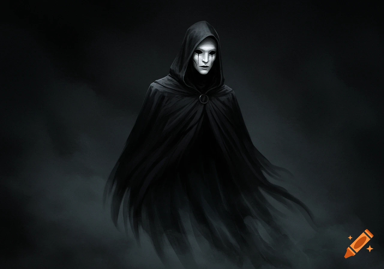 A dark figure in a hooded black cloak and white mask with black tears, fading into mist.