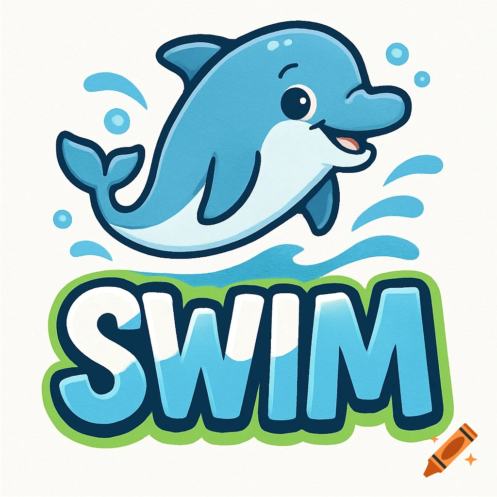 A cartoon dolphin jumping over the word SWIM