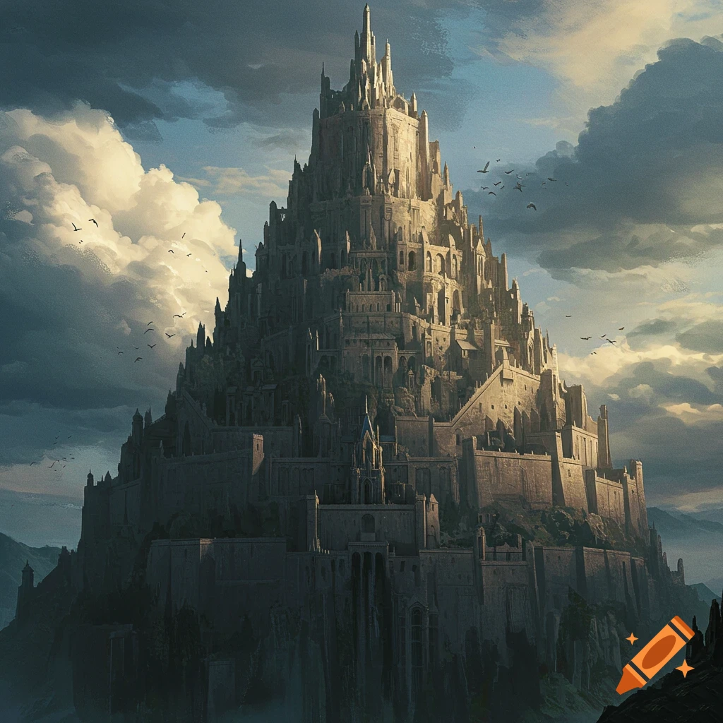 A vast, multi-tiered fantasy castle stands on a mountain peak under dramatic clouds.