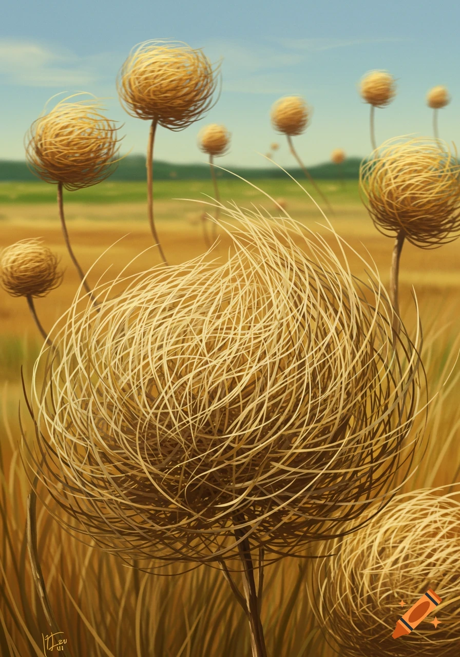 Digital painting of tumbleweeds on stalks in a dry field under a blue sky.
