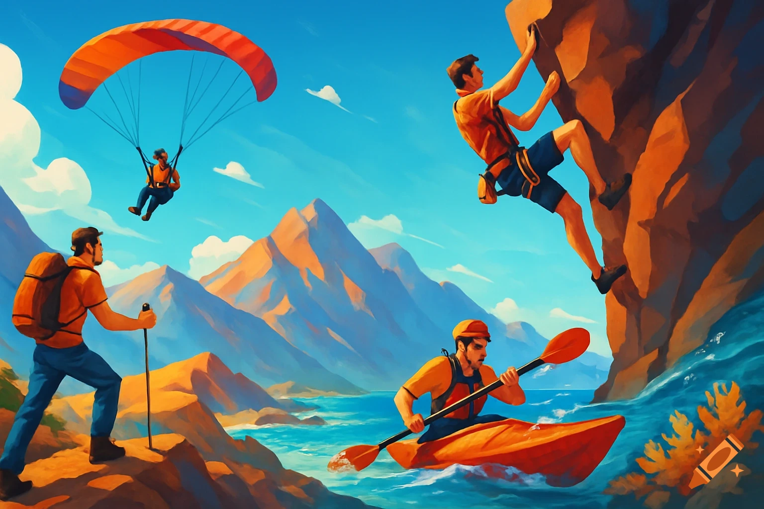 People paragliding, rock climbing, hiking, and kayaking in a vibrant mountain and ocean landscape.