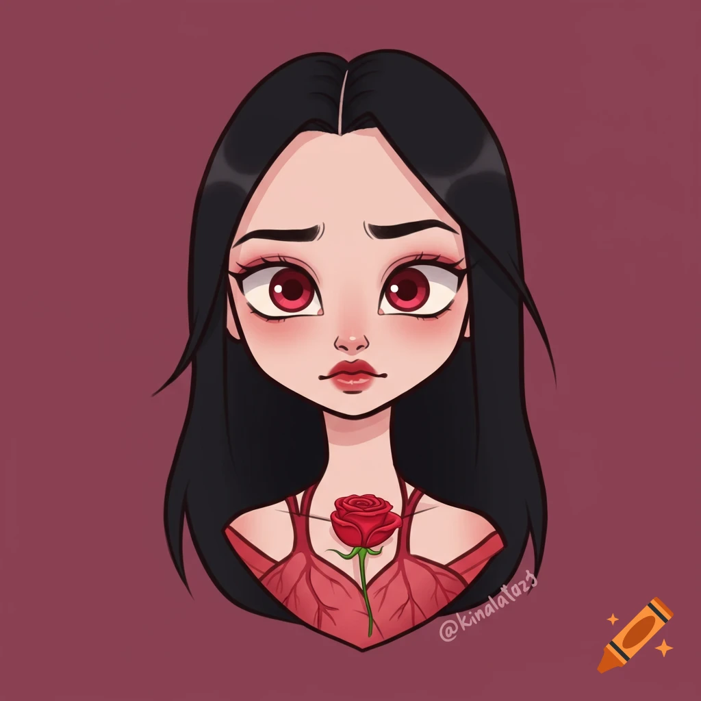 Cartoon portrait of a woman with black hair, red eyes, and a rose over her chest.