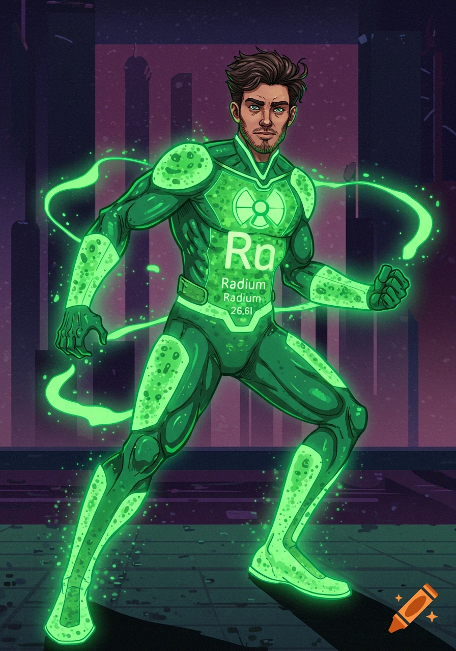 A male superhero in a glowing green Radium-themed suit stands in a city. Digital art.