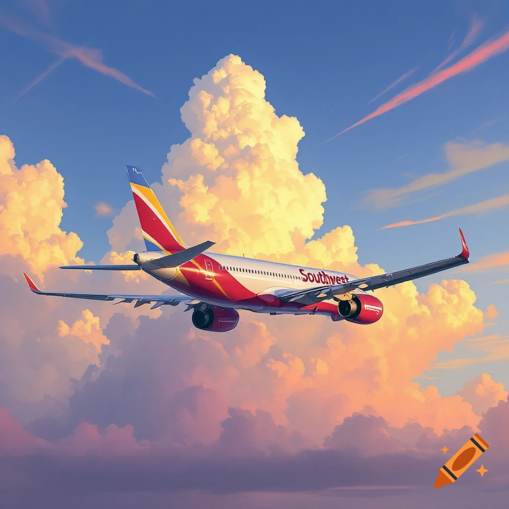 A Southwest Airlines plane flying through colorful clouds.