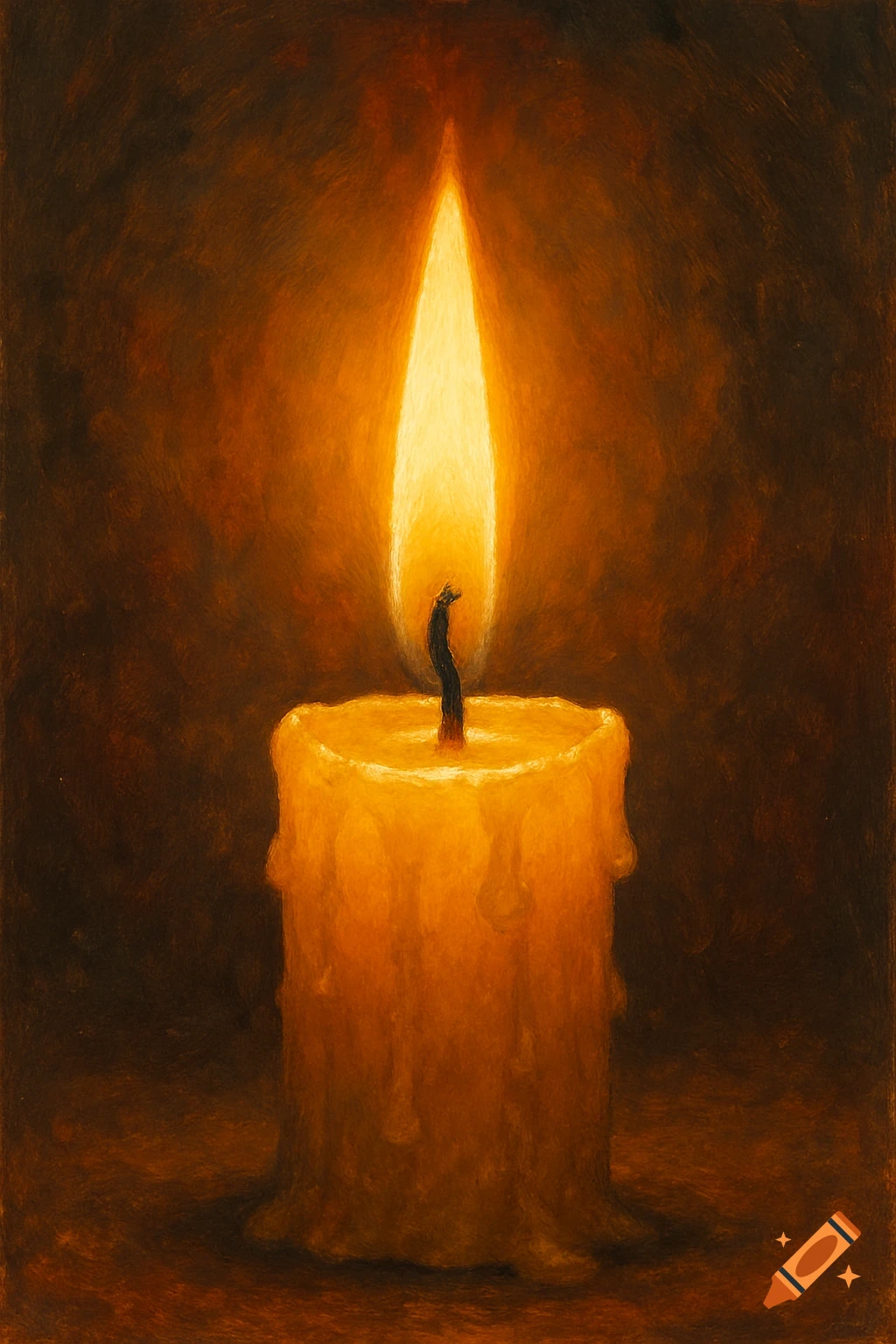 A close-up of a burning candle, painted in warm tones.