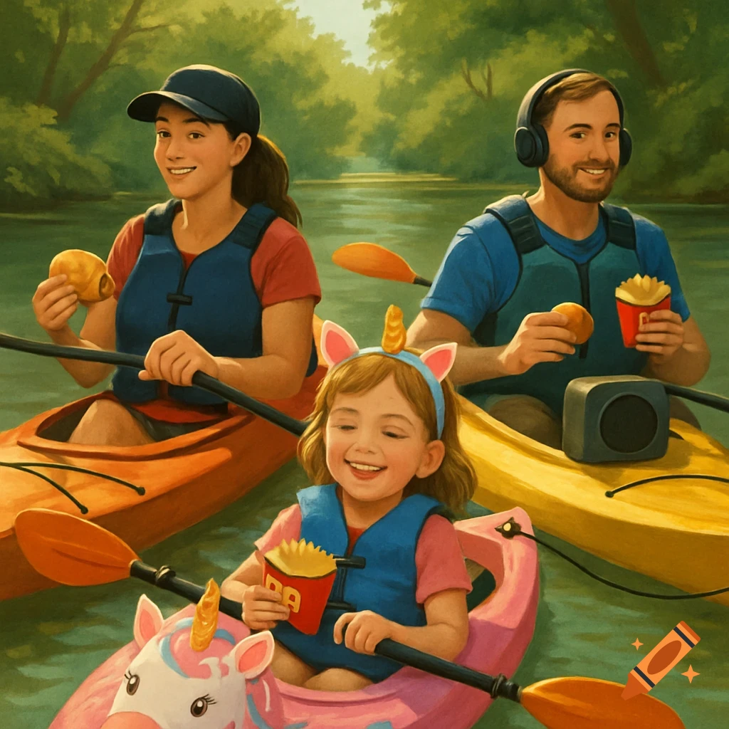 Painted image of a family kayaking on a river, eating french fries. The young girl is in a unicorn kayak.