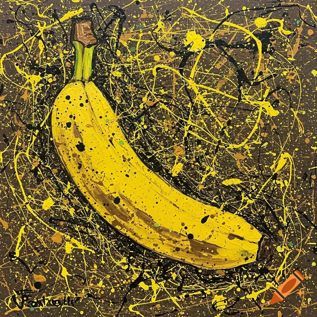 Painting of a banana in Jackson Pollock splatter style.